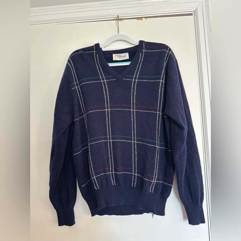 VTG 70s Pringle Of Scotland Lambswool Mens Sz:46 Navy Argyle Vneck Sweater.